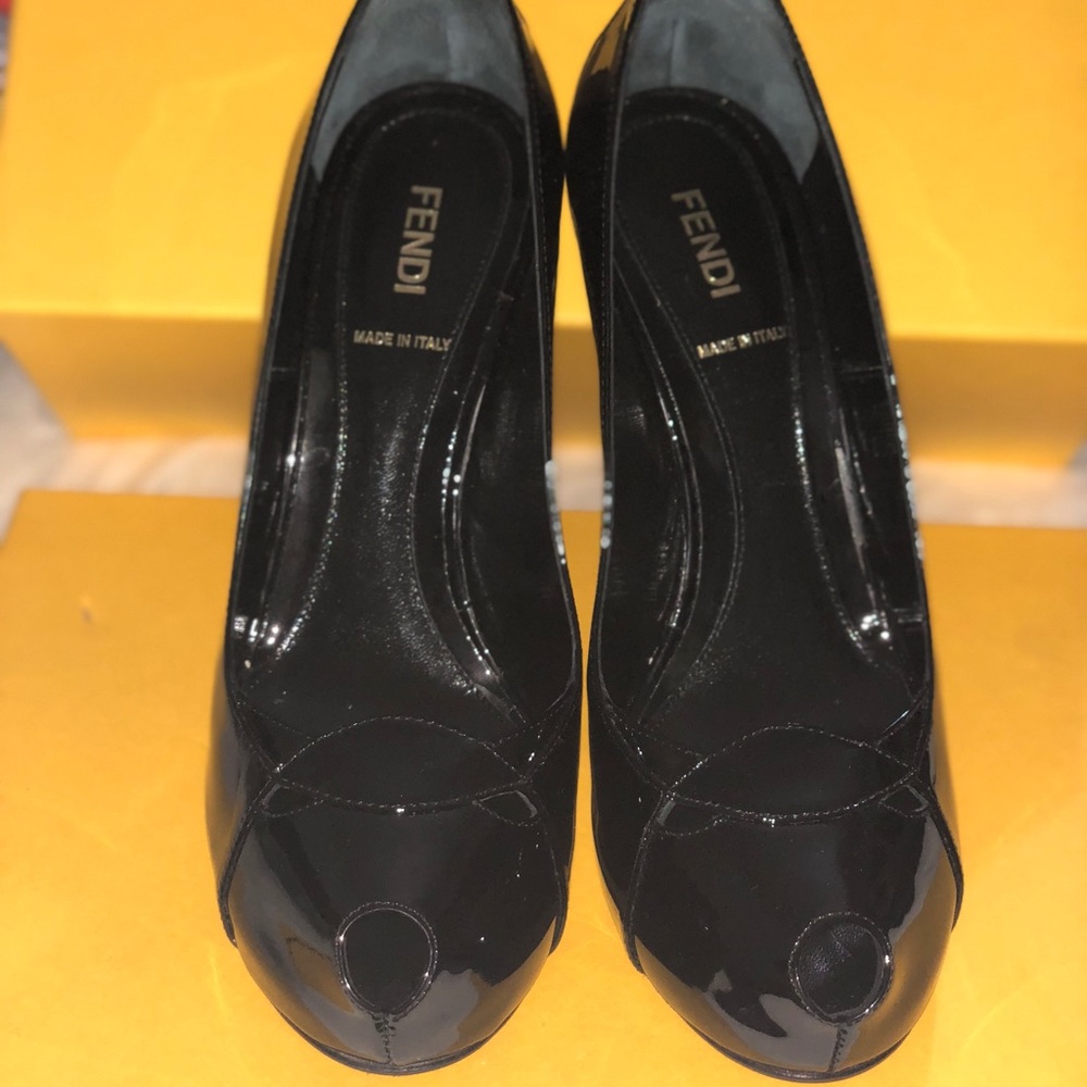 NIB Black patent leather Fendi peep-toe pumps